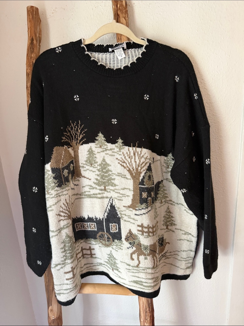 Vintage Winter Wonderland Scene Horse Black Cream Knit Crewneck Sweater 3XL